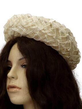 Vintage 1960s Beige Raffia Pillbox Hat with Netting Union Made 7 US